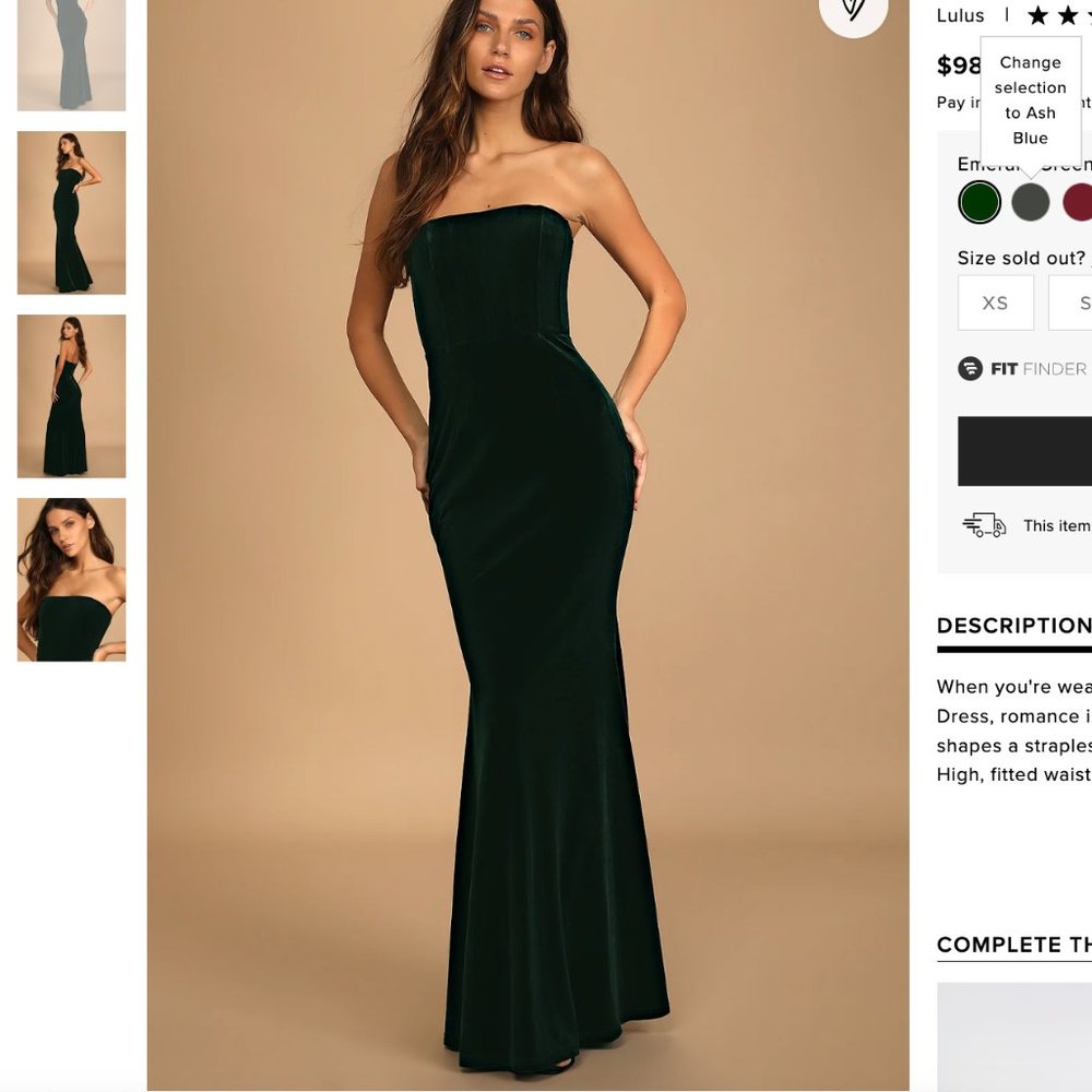 Like New - All Love Emerald Green Velvet Strapless Mermaid Maxi Dress
